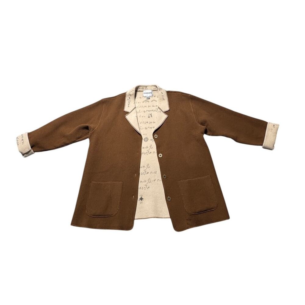 Chico's Tailored Jacket Women's 3 Brown Writing Scriptures Print Button Front - Picture 2 of 15